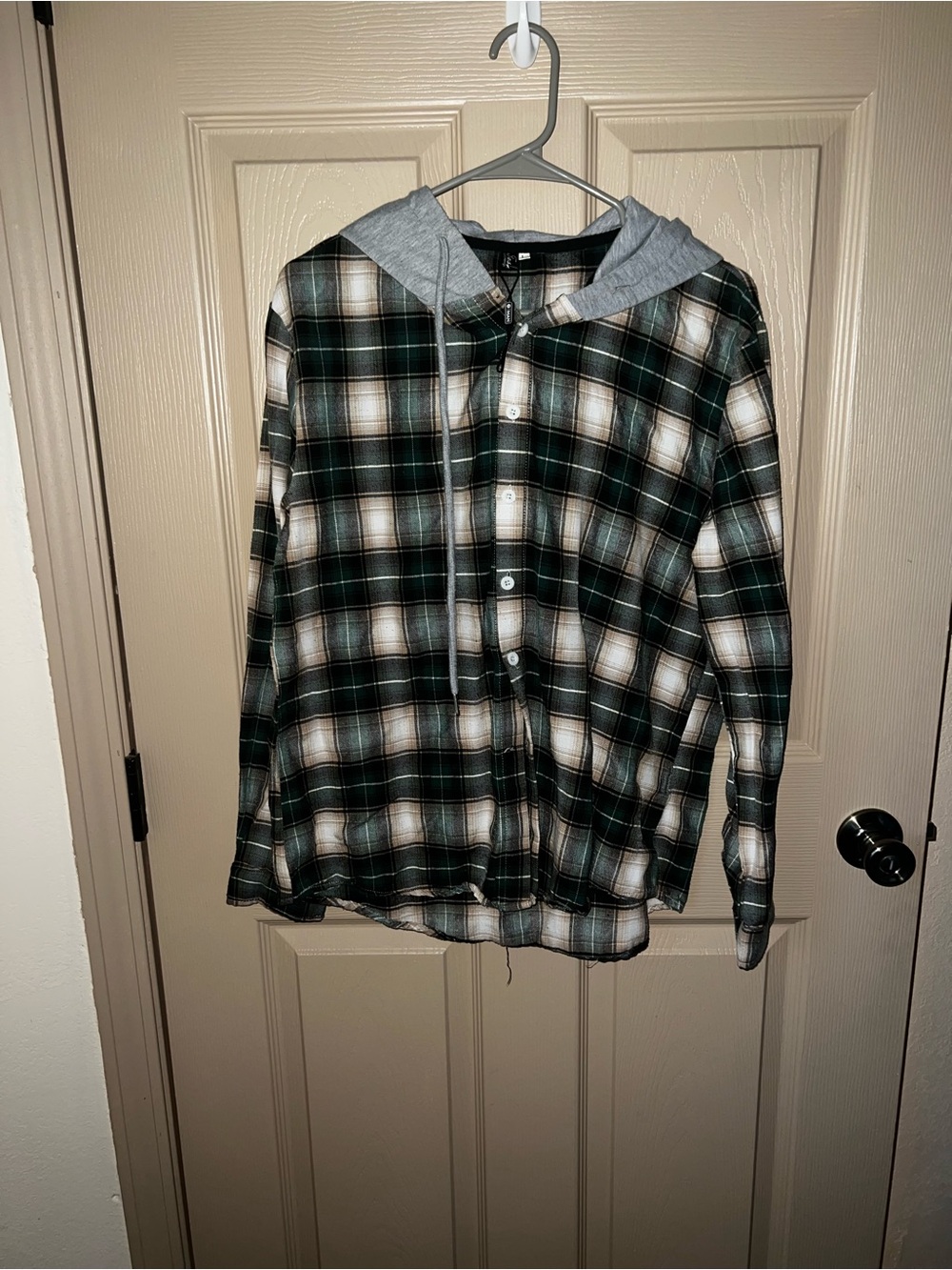 Green Plaid Button-Up Shirt with Gray Hood